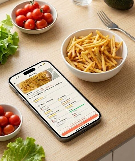 BiteRight – Instant Food Detection – nutrition tracking feature Smartphone displaying meal photo capture interface held above colorful buddha bowl with roasted vegetables and chickpeas