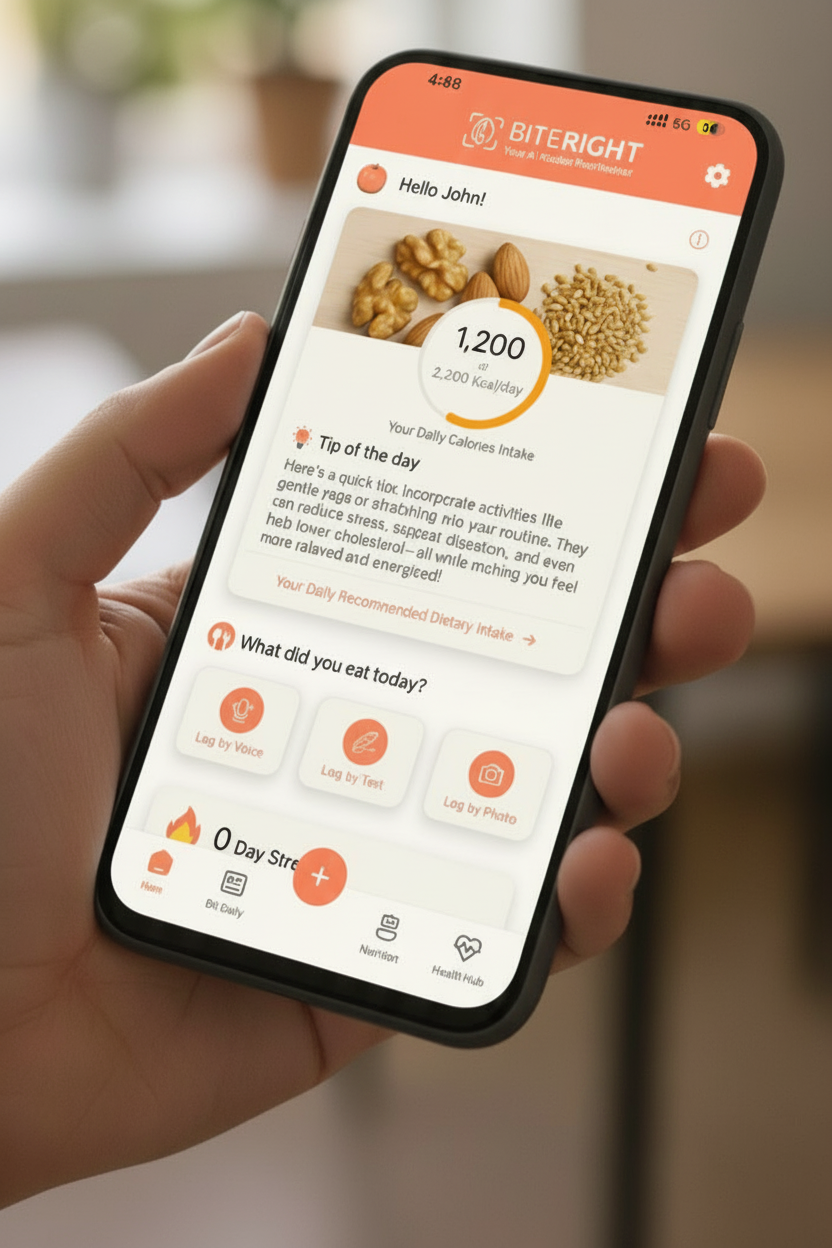 BiteRight – Food Detection – AI meal recognition and analysis AI nutrition app with meal tracking interface